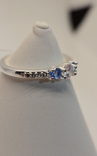 Blue & Clear Stones Size 6 silver Ring