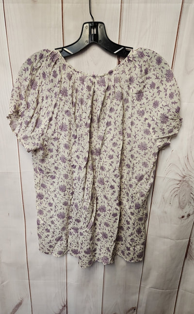 Blue Mountain Women's Size L White & Purple Floral Short Sleeve Top