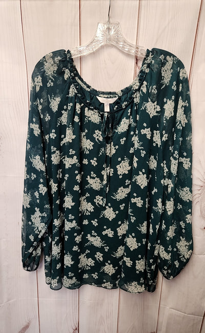 Lauren Conrad Women's Size 2X Green Floral Long Sleeve Top