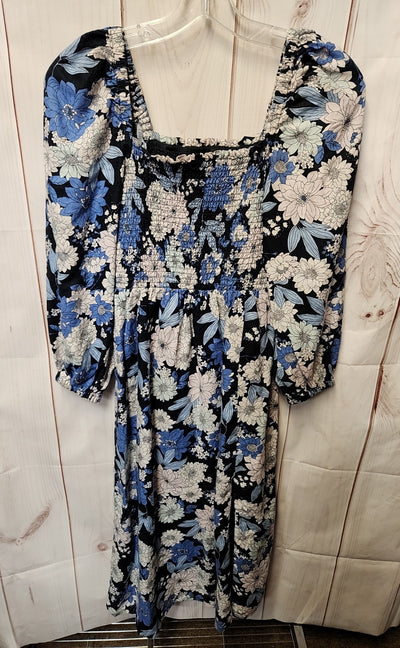 J Crew Women's Size XS Blue & White Floral Linen Smocked Dress with Slit