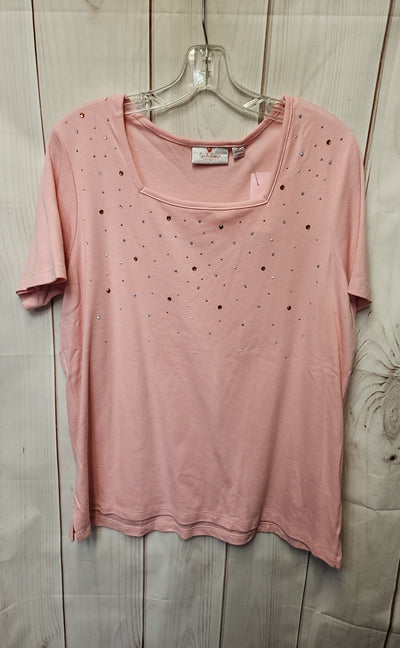 Quacker Factory Women's Size L Pink Rhinestone Short Sleeve Top