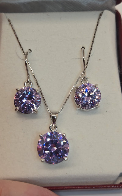 Sterling Purple Crystal .925 Sterling Necklace 18" & Earrings Jewelry Set