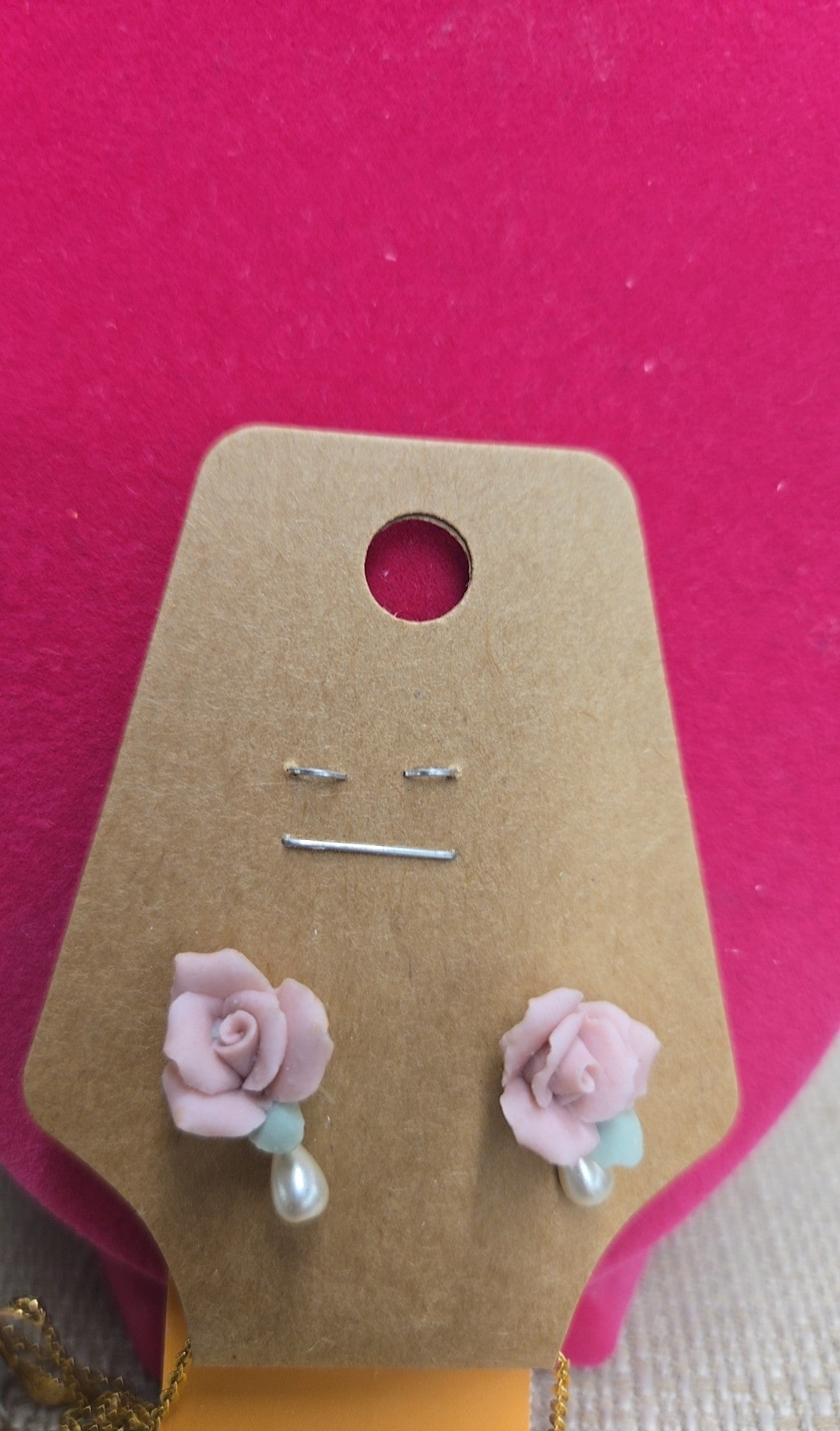 Gold & Pink Roses Necklace & Earrings Jewelry Set