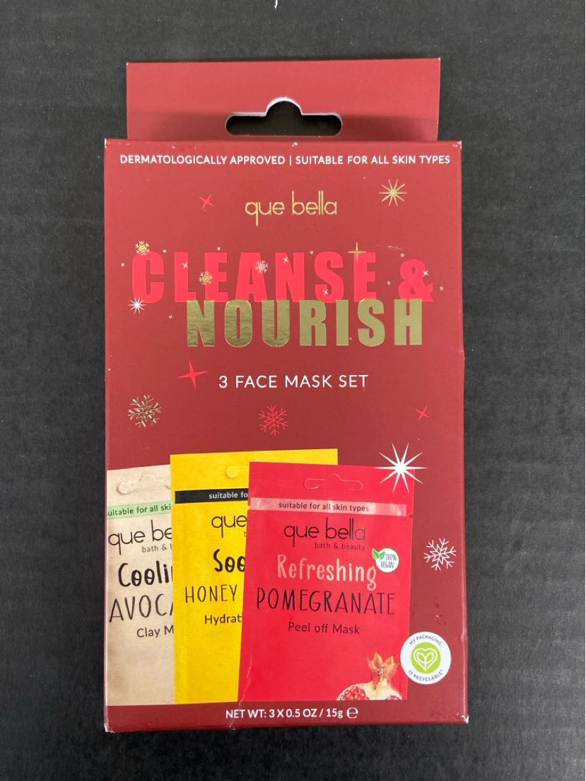 NIB Que Bella Cleanse & Nourish 3 Face Mask Set Cosmetic
