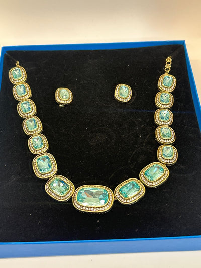 Heidi Daus Signed Exquisite Elegance Aqua Blue Crystal Necklace & Earrings Set