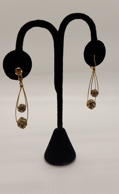 Vintage Vogue Jlry Clip Dangle Crystal Gold Ball Drop Earrings
