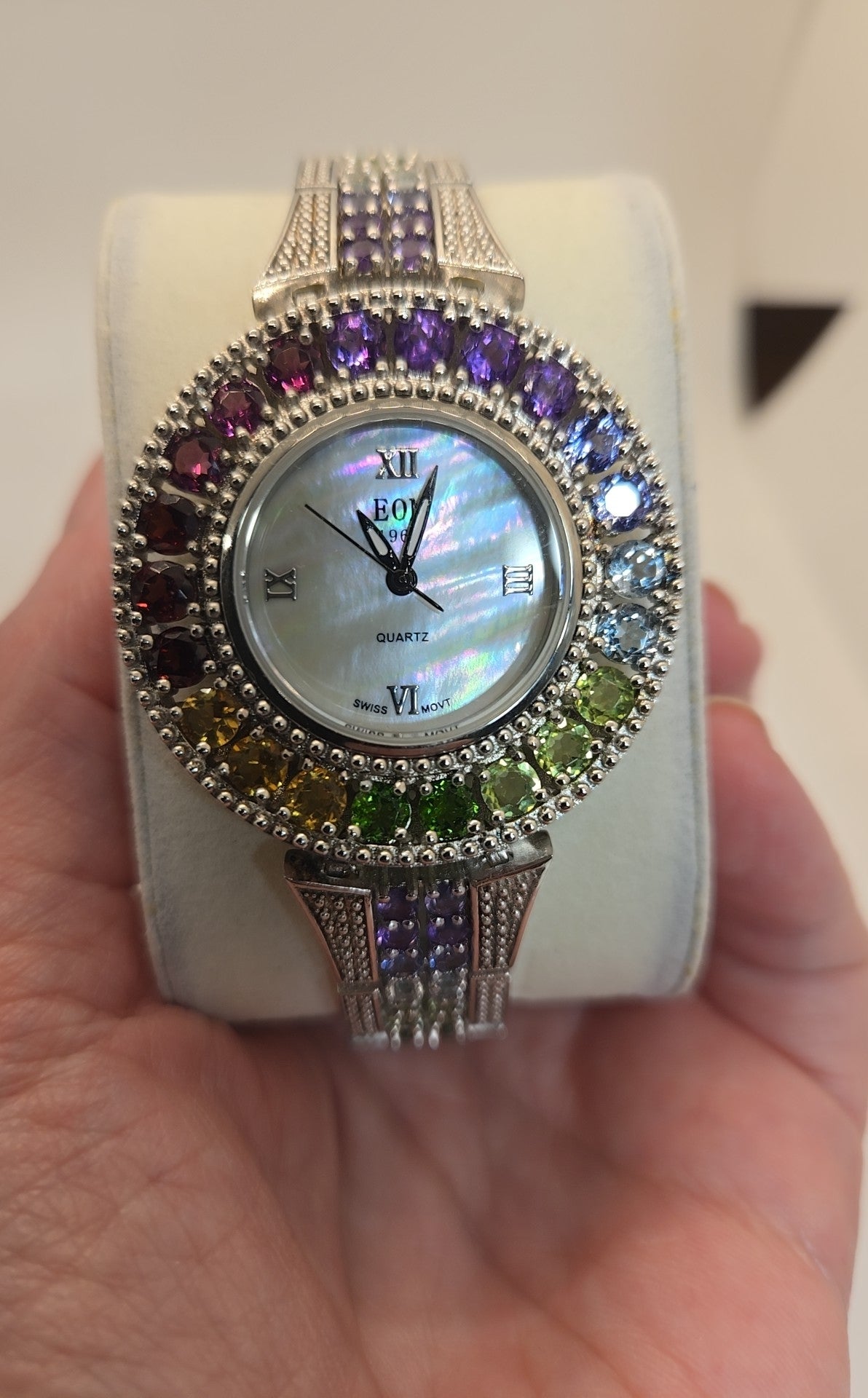 NIB VTG Eon 1962 Swiss Movement M925 Sterling Silver Multi-color Stones Watch
