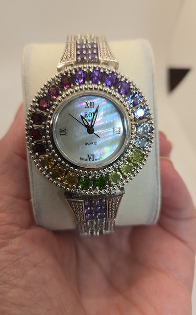 NIB VTG Eon 1962 Swiss Movement M925 Sterling Silver Multi-color Stones Watch
