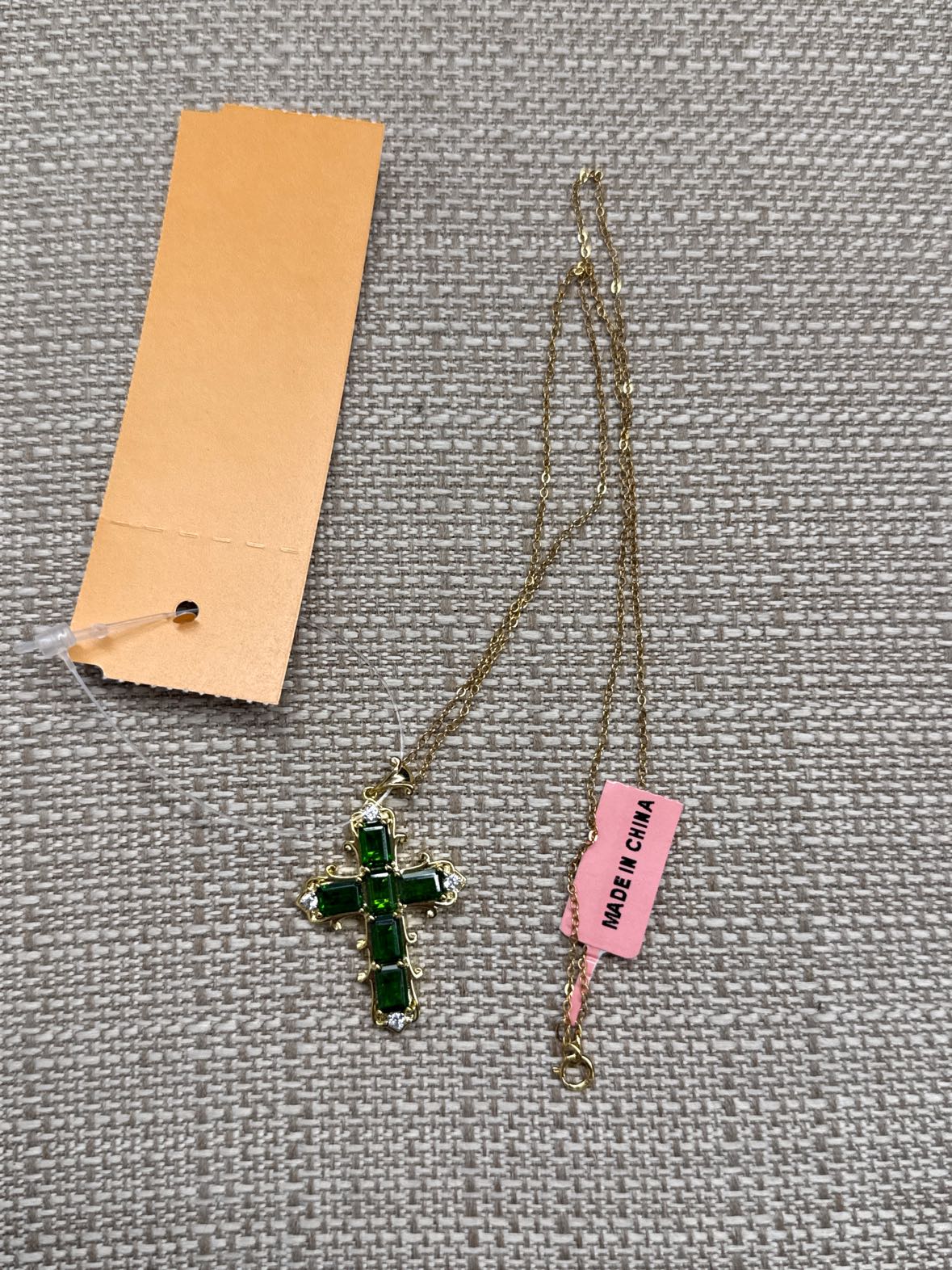 .925 Sterling Silver Gold Tone Green Stones Cross Necklace