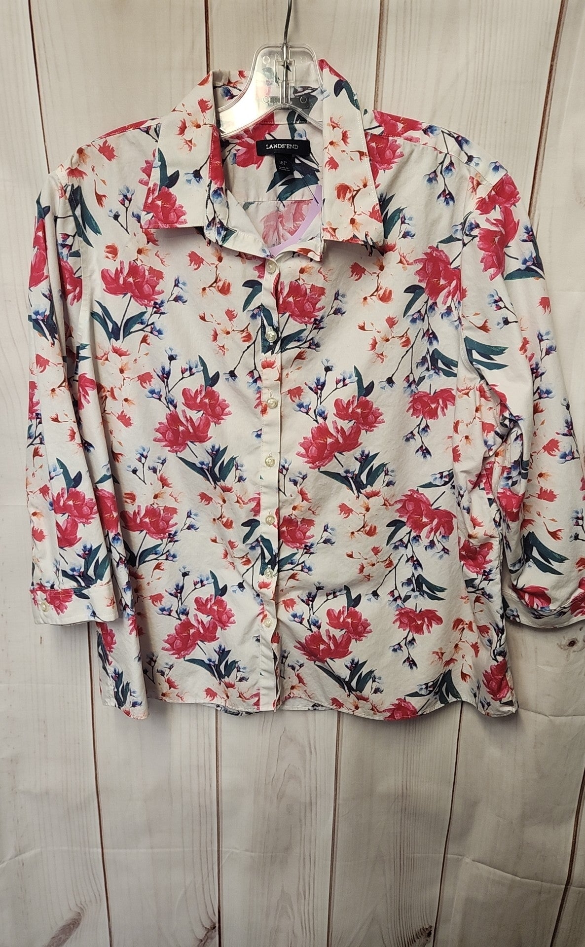 Lands End Women's Size 16 Petite White & Pink Floral Long Sleeve Top