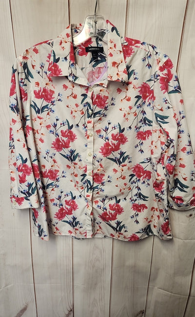 Lands End Women's Size 16 Petite White & Pink Floral Long Sleeve Top