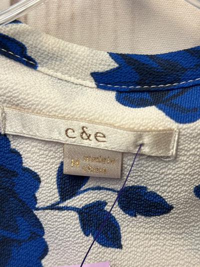 C&E Women's Size M White & Blue Floral 3/4 Sleeve Top