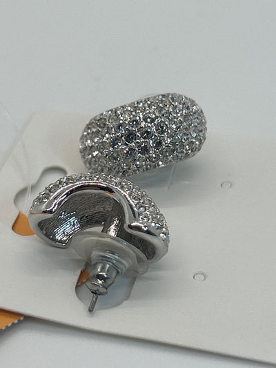 Crystal Rhinestone Silver Pave Half Hoop Thick Earrings