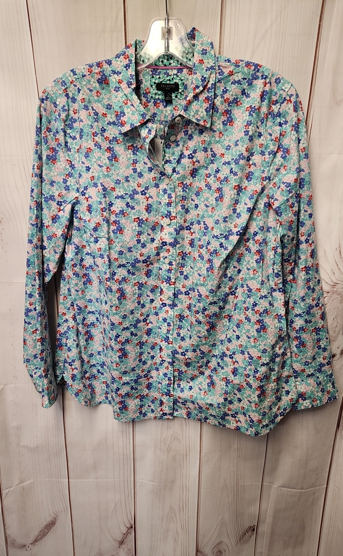 NWT Talbots Women's Size L Petite Blue Floral Long Sleeve Top