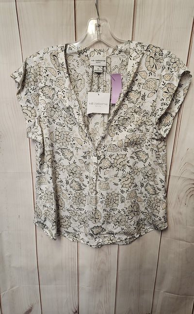 NWT Liz Claiborne Women's Size M Petite White Floral Short Sleeve Top