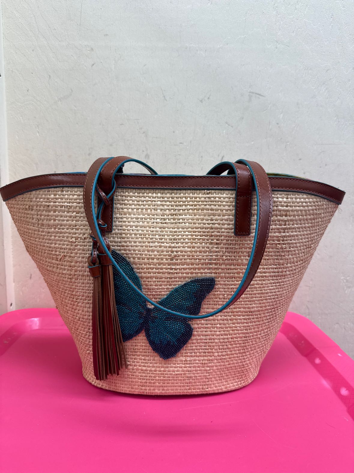 NWT Patricia Nash Blue Beaded Butterfly Tan Wicker Tote Bag
