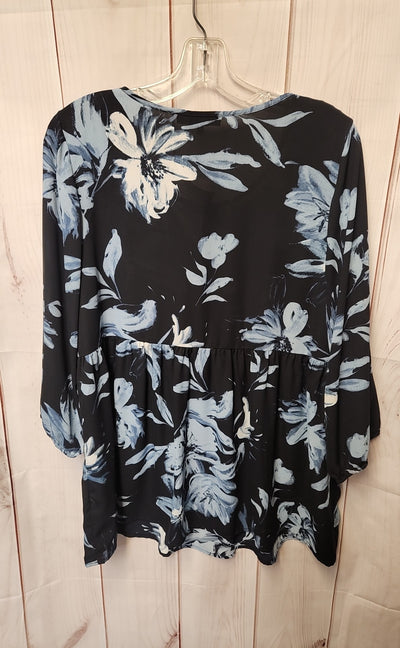 NWT Mia & Tess Women's Size L Black & Blue Floral 3/4 Sleeve Top