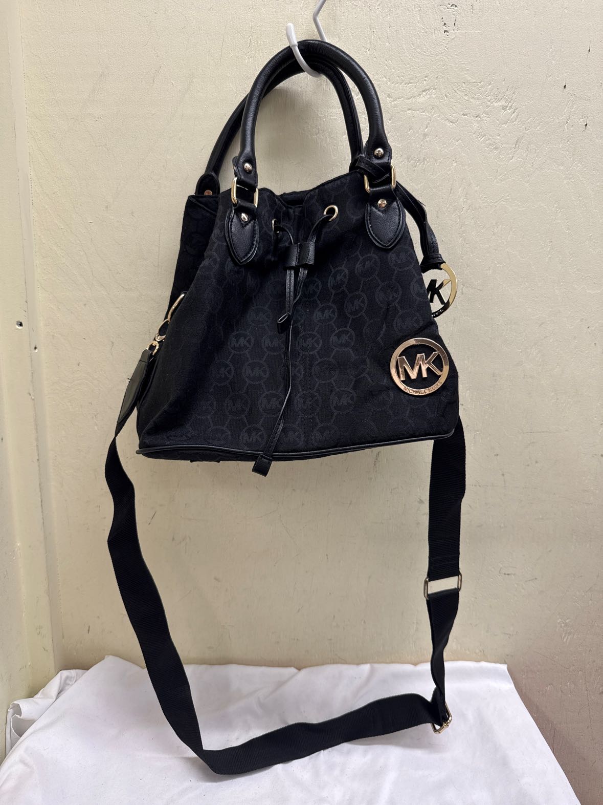 Michael Kors Signature Logo Black Drawstring Canvas Purse Bag
