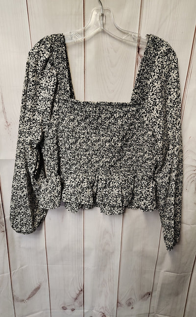 Japna Women's Size XL White & Black Floral Long Sleeve Top