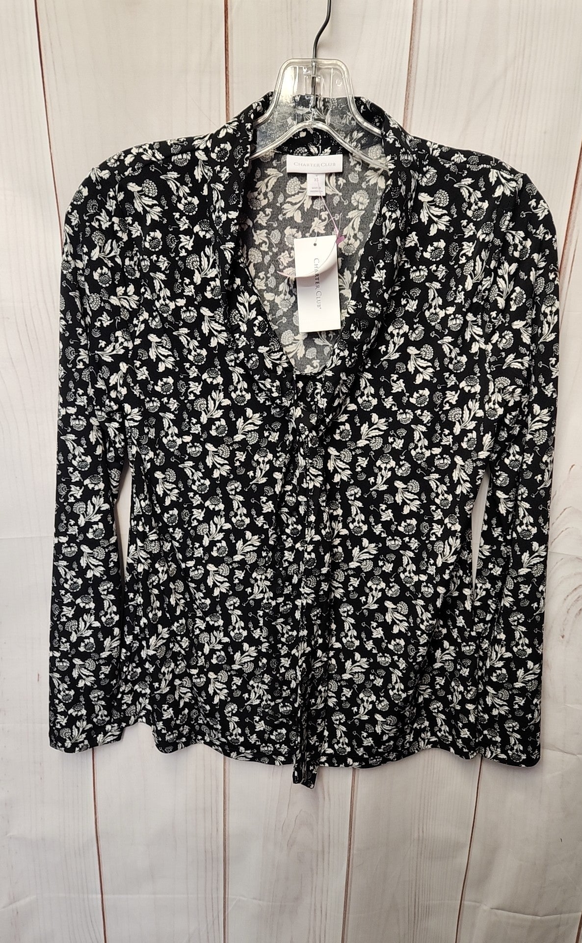 NWT Charter Club Women's Size XS Black Floral Long Sleeve Top