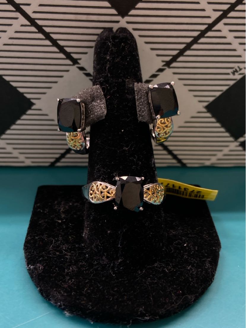 .925 Sterling Silver Black Stone Size 10 Ring & Earrings Jewelry Set
