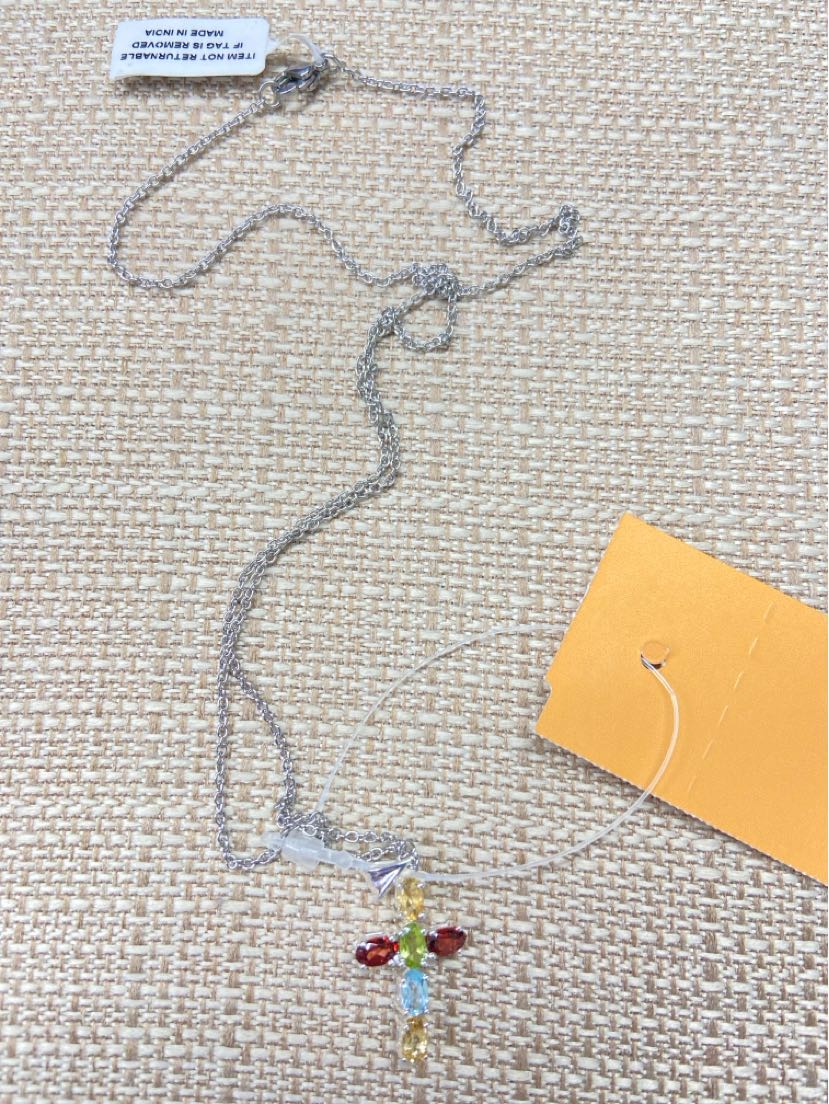 316L Stainless Steel .925 Silver Multi-color Stone Cross Pendant Necklace
