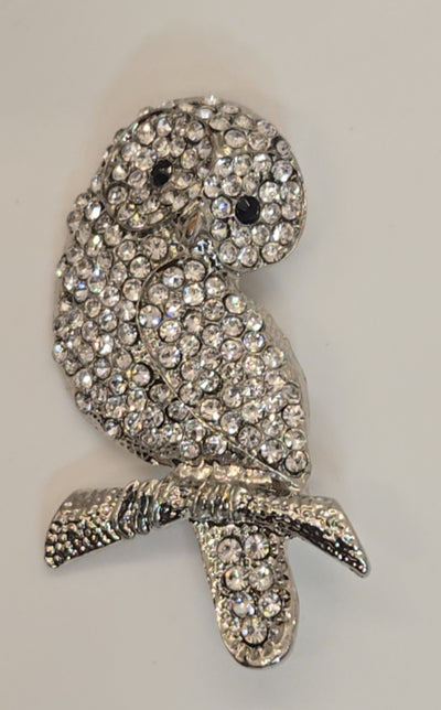 Silver Rhinestone Owl Brooch Pin