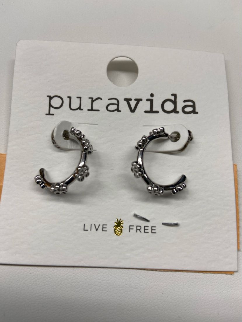 Pura Vida Brass Base w/ Rhodium Plating & Sterling Posts Hoop Earrings