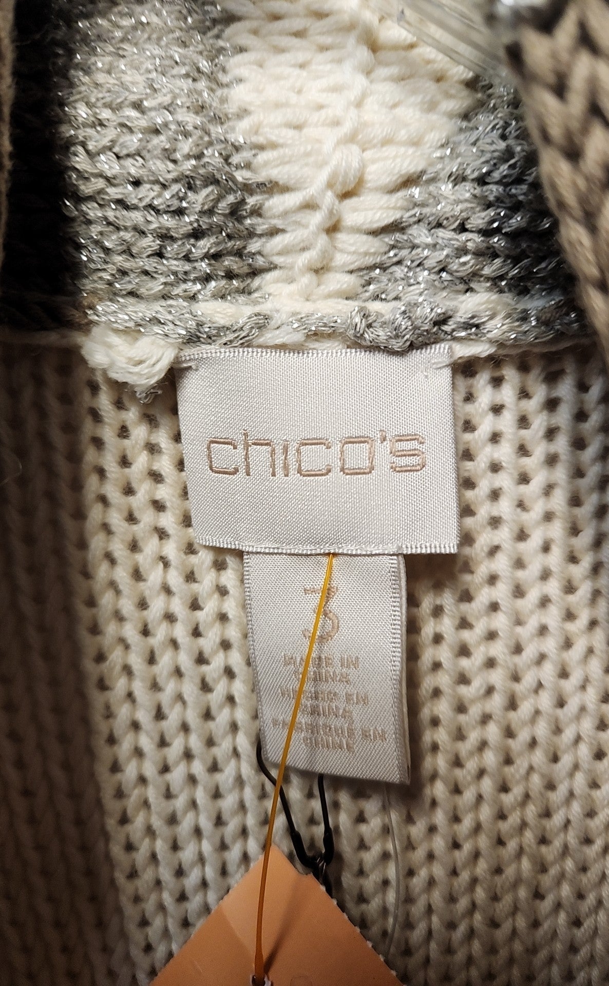 NWT Chico's Women's Size 3 = US XL White & Tan Cardigan