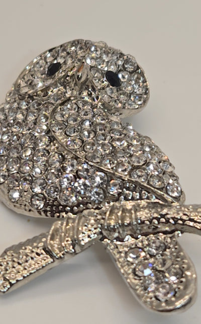 Silver Rhinestone Owl Brooch Pin