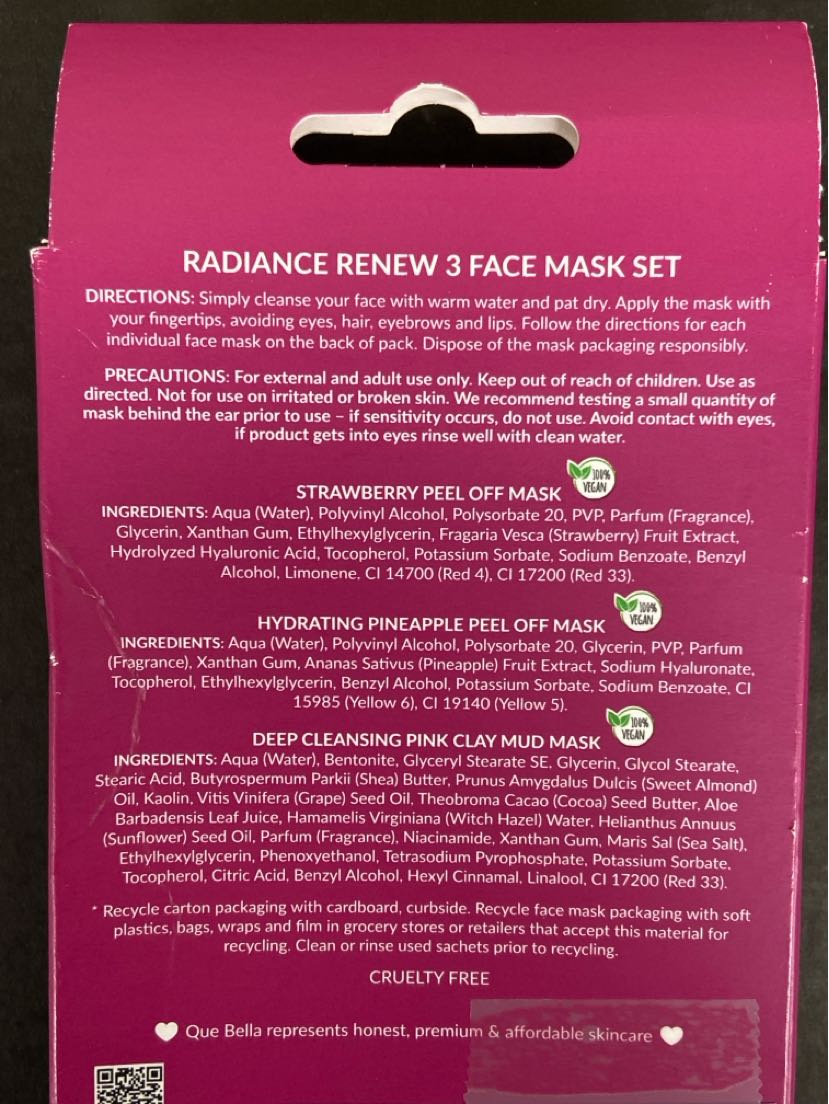 NIB Que Bella Radiance Renew 3 Face Mask Set Cosmetic
