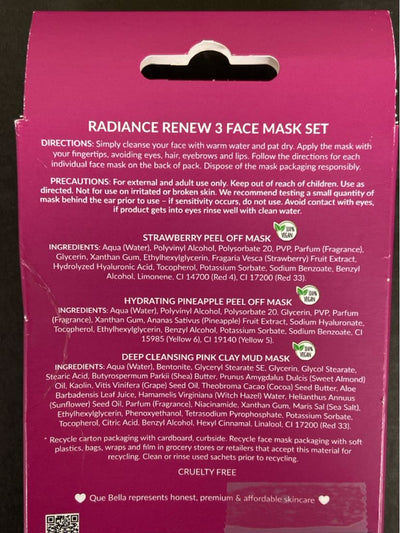 NIB Que Bella Radiance Renew 3 Face Mask Set Cosmetic