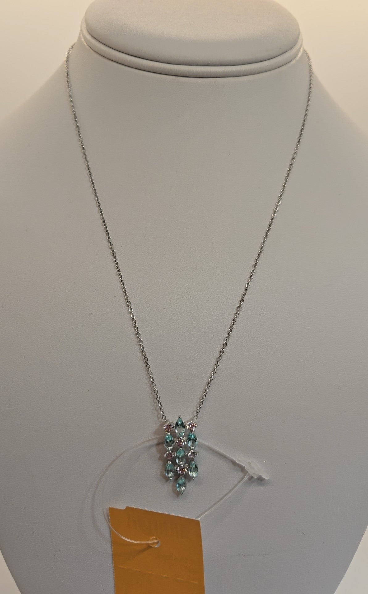 .925 Sterling Silver Pink & Green Stones Necklace