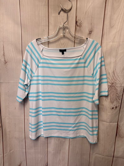 Talbots Women's Size L Petite White & Blue Short Sleeve Top