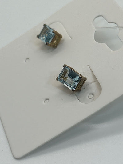 .925 Sterling Silver Earrings Gold overlay Stud Rectangle Sky Blue Topaz