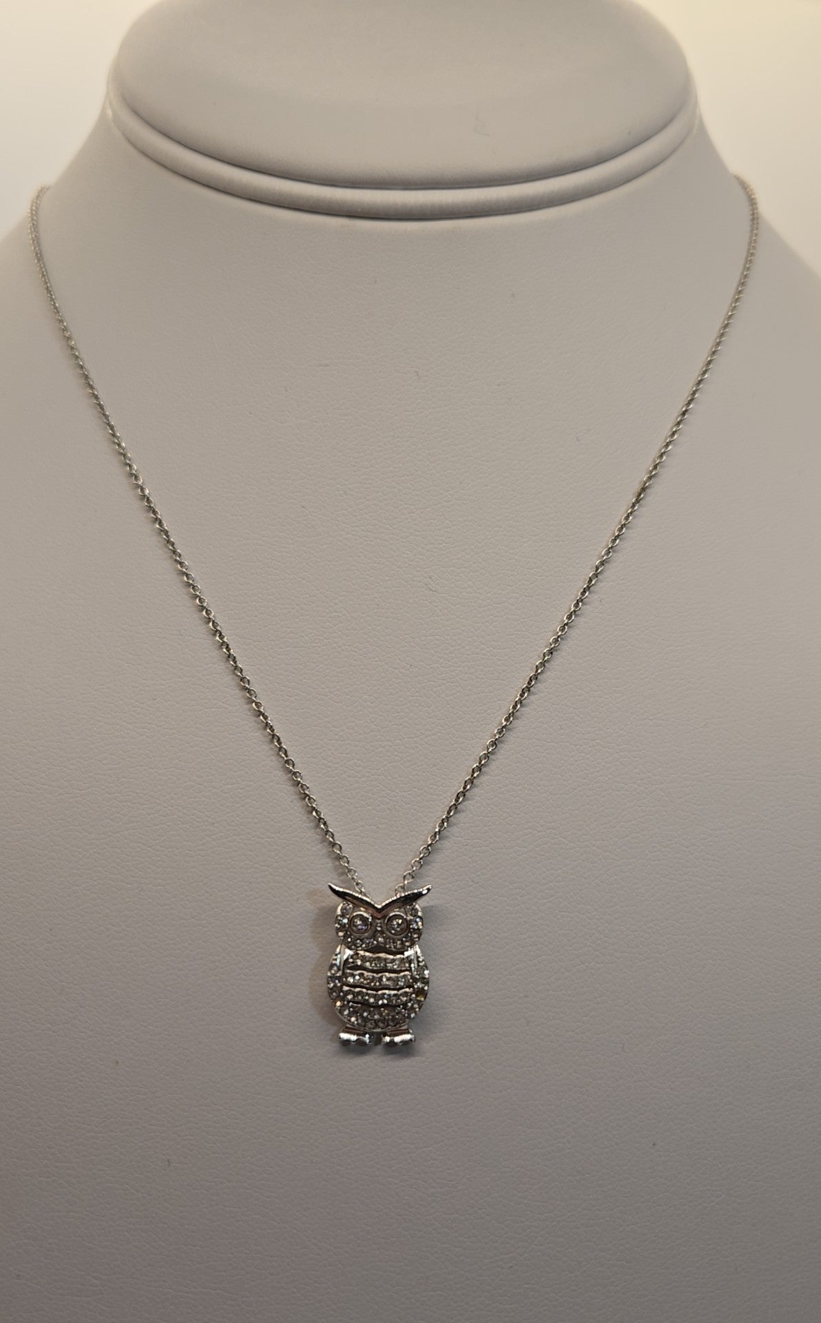 Silver Crystal Rhinestone Owl Necklace 17"