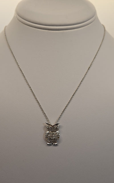 Silver Crystal Rhinestone Owl Necklace 17"