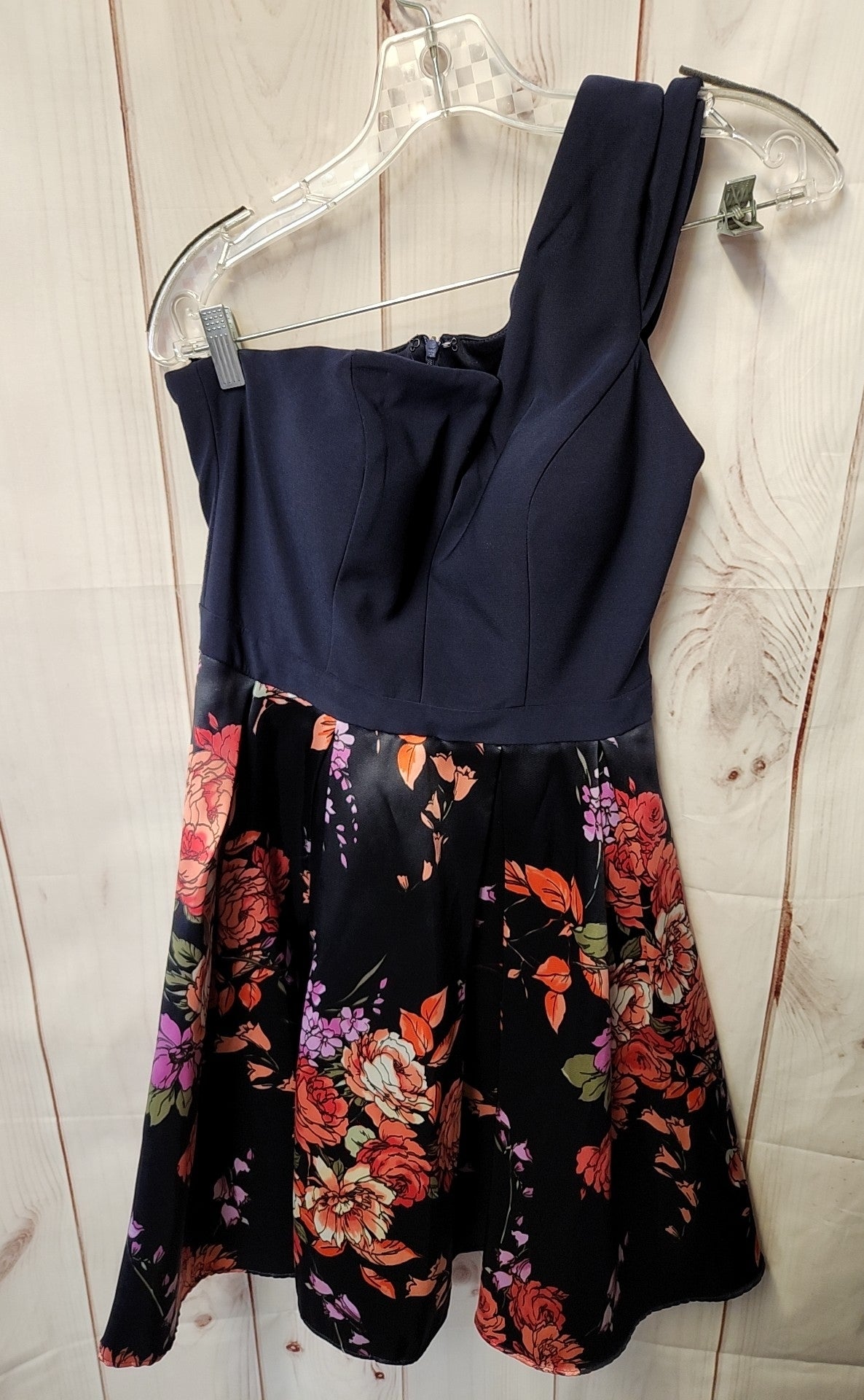 Betsey & Adam Women's Size 6 Blue Floral Black Dress Flare one shoulder