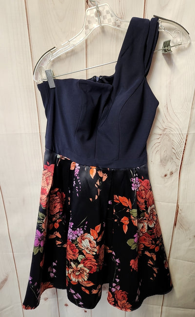 Betsey & Adam Women's Size 6 Blue Floral Black Dress Flare one shoulder