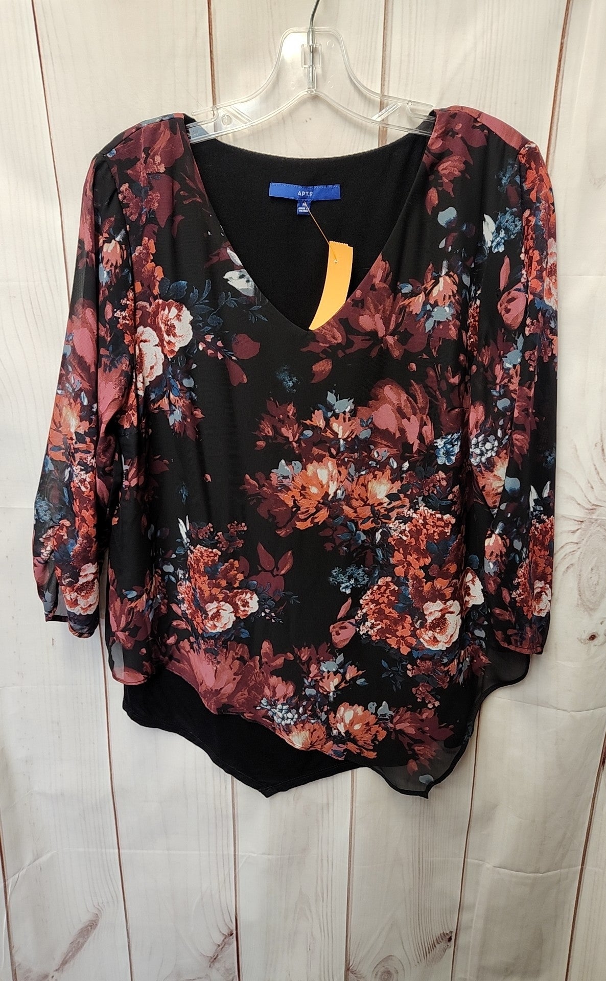 Apt 9 Women's Size M Black & Red Floral 3/4 Sleeve Top