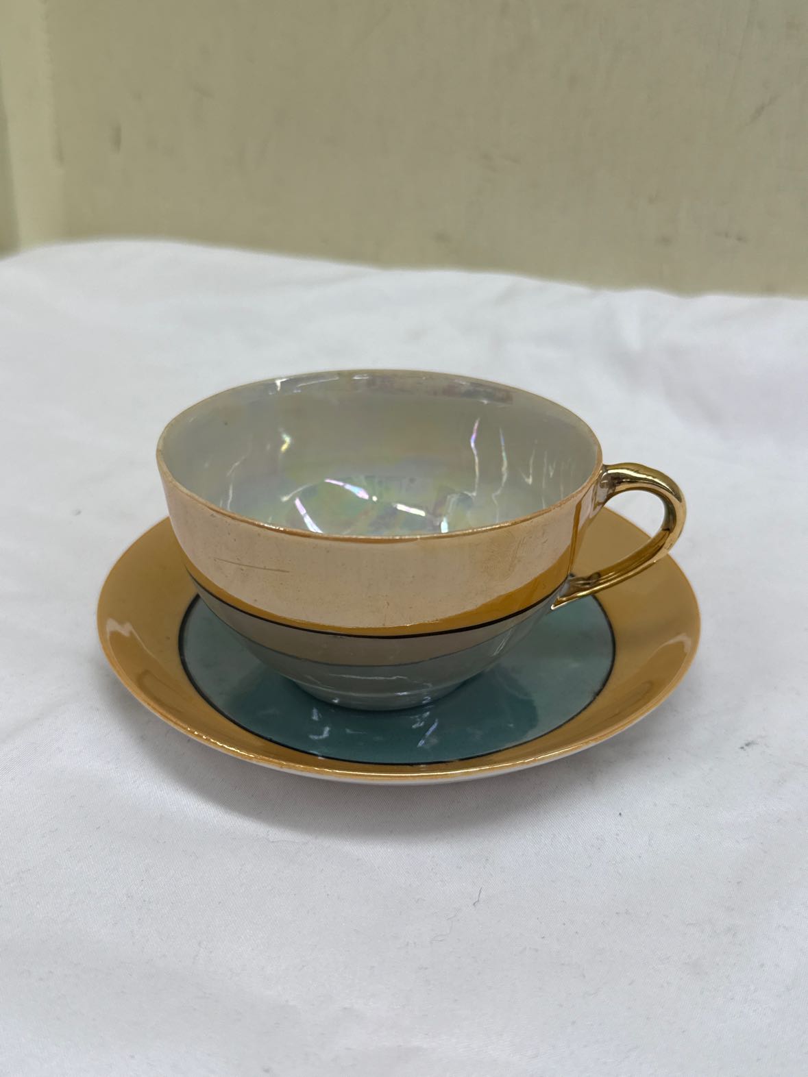VTG 2PCS Lusterware Made in Japan Peach & Blue Teacup & Saucer