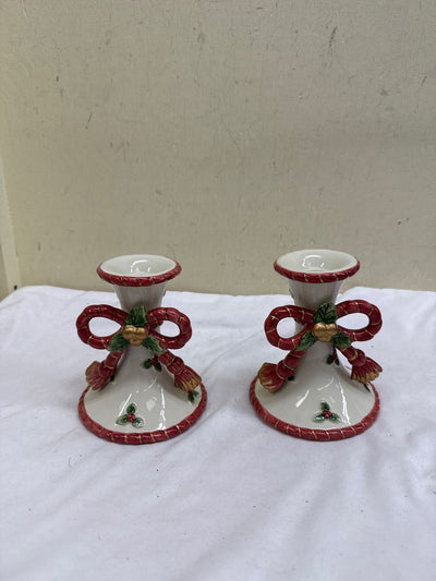 VTG 2PCS Fitz & Floyd Christmas Bow Ceramic Candleholders