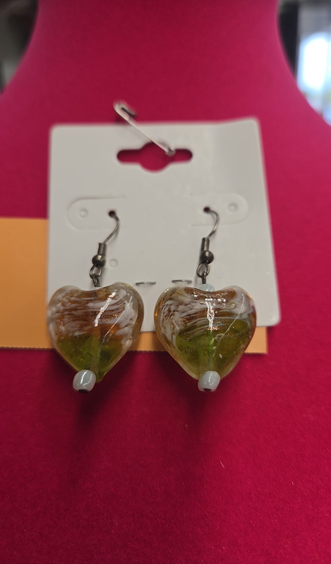 Orange & Green Glass Heart Earrings