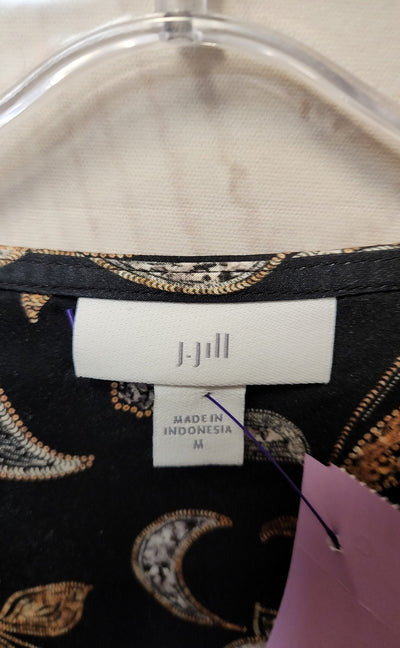 J Jill Women's Size M Black Floral 3/4 Sleeve Top