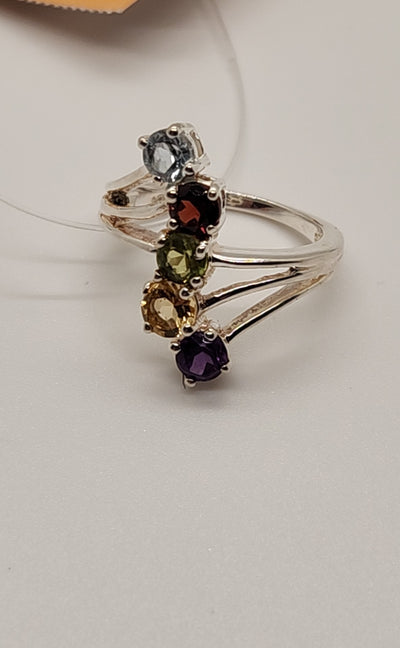 Ring Size 5 Blue, Red, Gree, Yellow, Purple Stone .925 Sterling Silver Ring