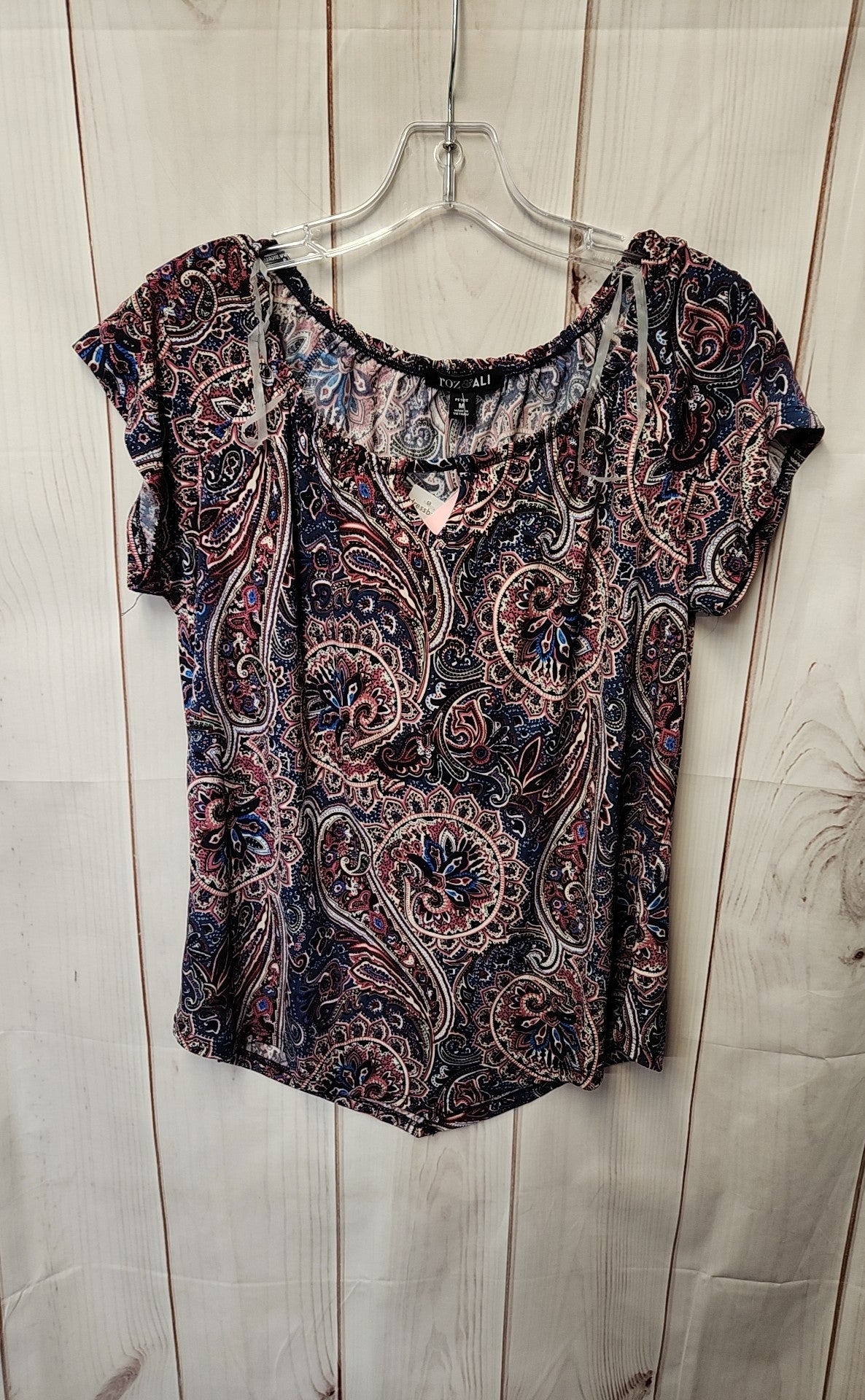 Roz & Ali Women's Size M Petite Blue & Pink Short Sleeve Top