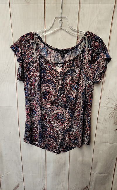 Roz & Ali Women's Size M Petite Blue & Pink Short Sleeve Top