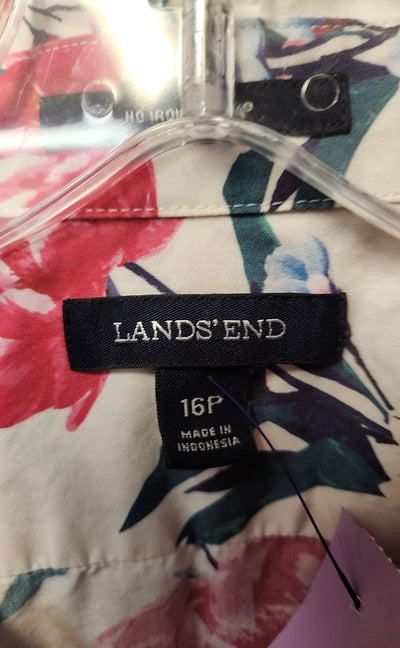 Lands End Women's Size 16 Petite White & Pink Floral Long Sleeve Top