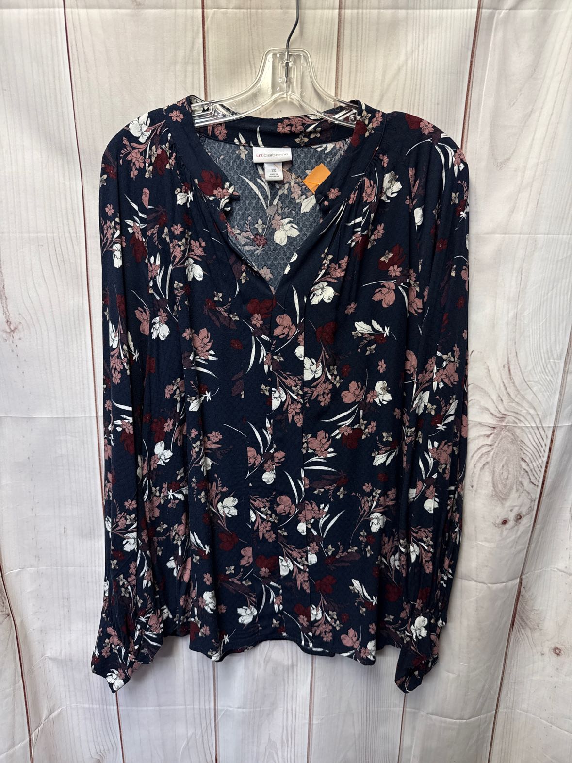 Liz Claiborne Women's Size 2X Navy Floral Long Sleeve Top