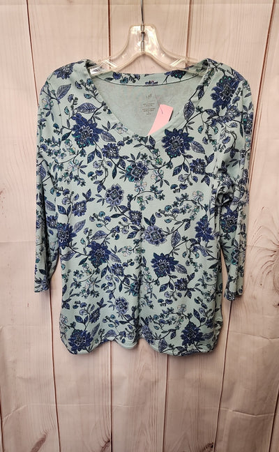 J Jill Women's Size M Petite Light Blue Floral 3/4 Sleeve Top